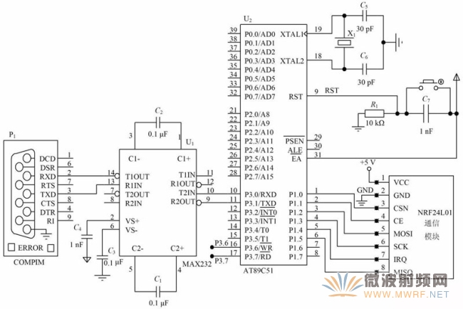 圖5 SPI 接口與MAX232 通信硬件電路圖。