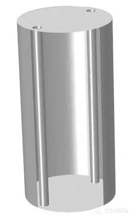COMSOL Multiphysics 仿真中所用的CAD 幾何。其中顯示了圓柱形微波諧振腔和兩個金屬調諧桿